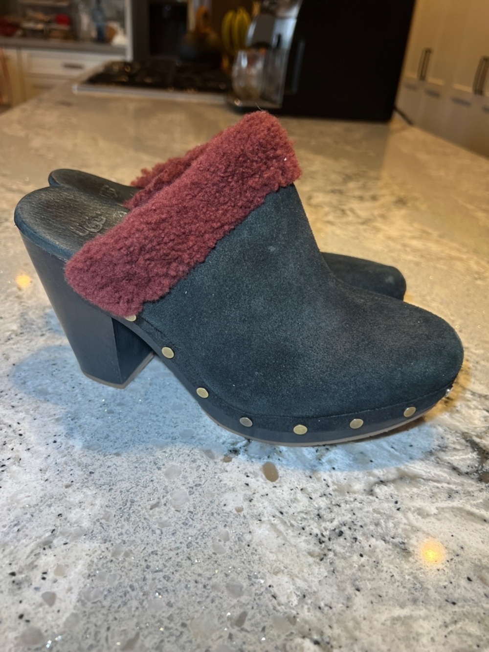 UGG Black Suede Clog Mules with Burgundy Shearling Trim Size 6.5